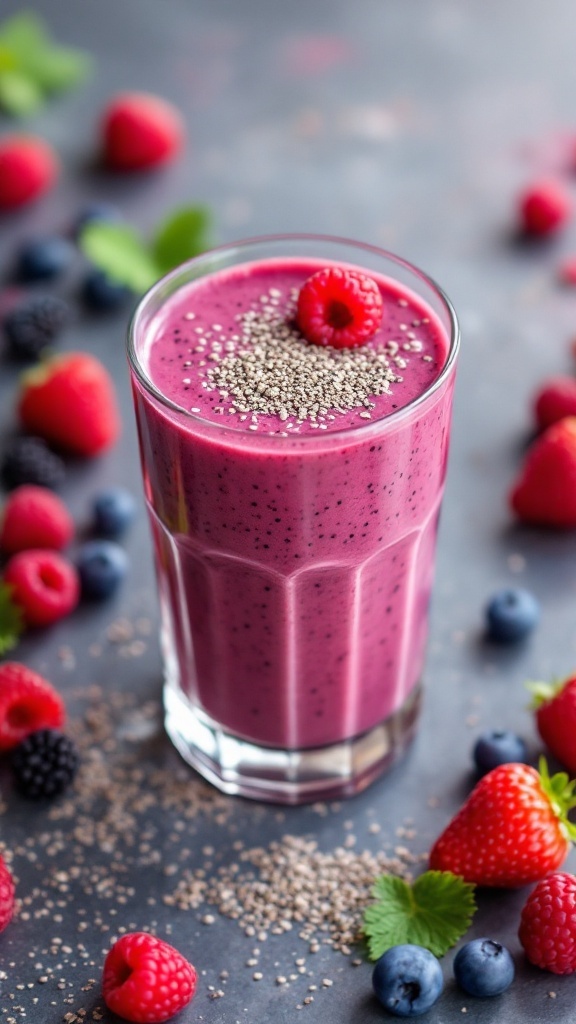 Chia Seed and Berry Smoothie in a glass with berries around