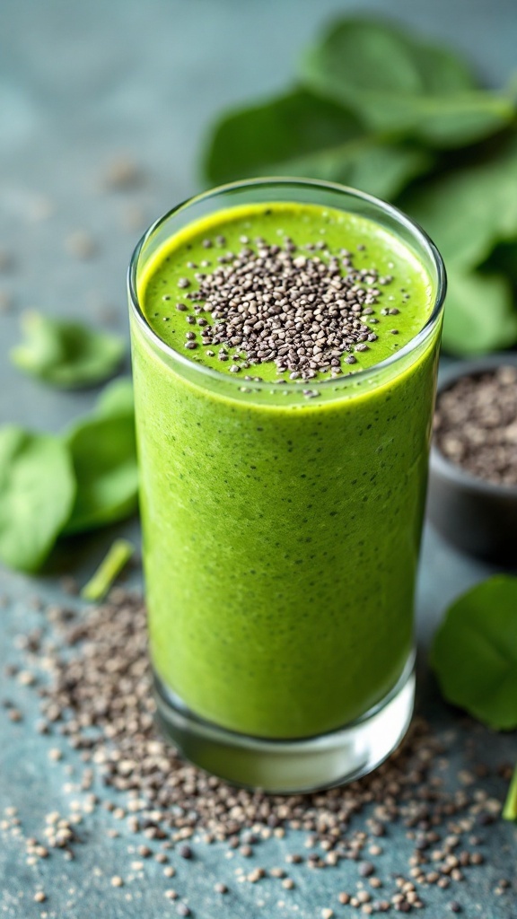 A nutritious green smoothie made with spinach and chia seeds.