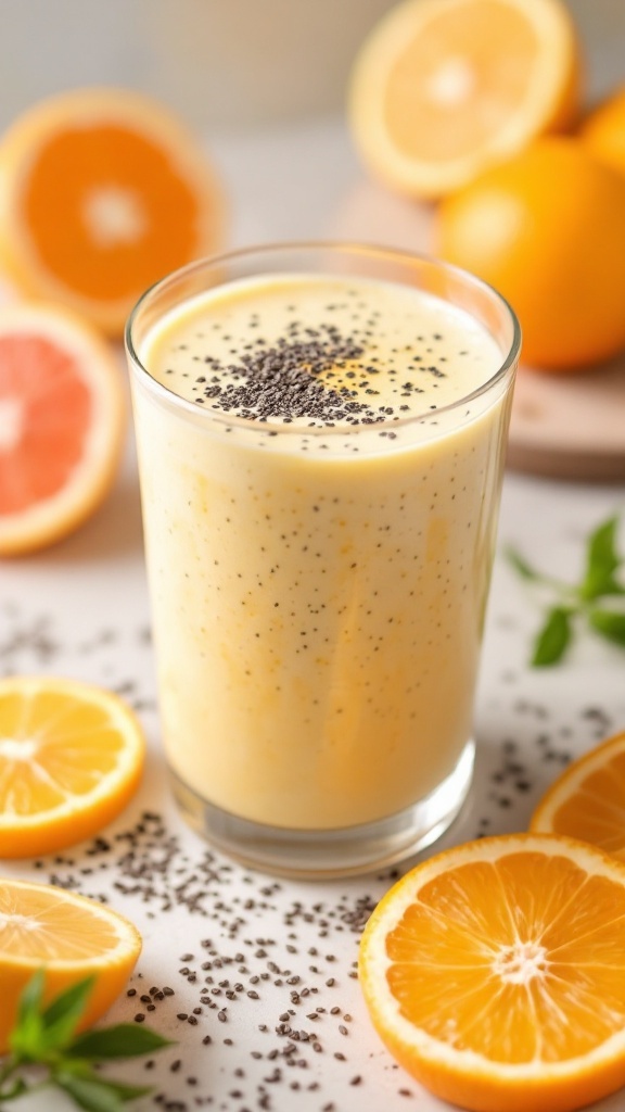 A refreshing Chia Seed Citrus Smoothie with orange slices and chia seeds on top.