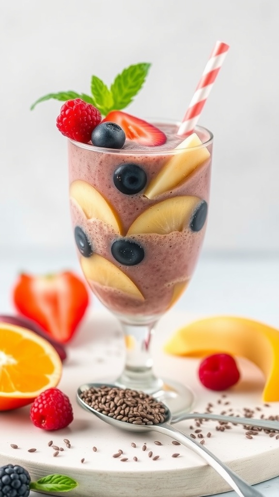 A colorful chia seed fruit smoothie with layers of fruits