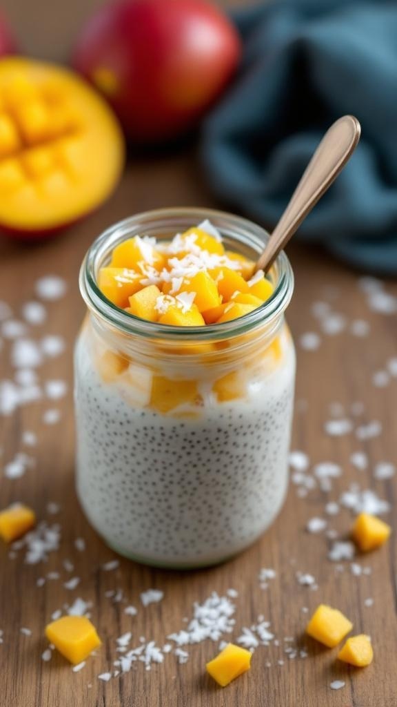 A jar of chia seed pudding topped with diced mango and shredded coconut, with fresh mango in the background.