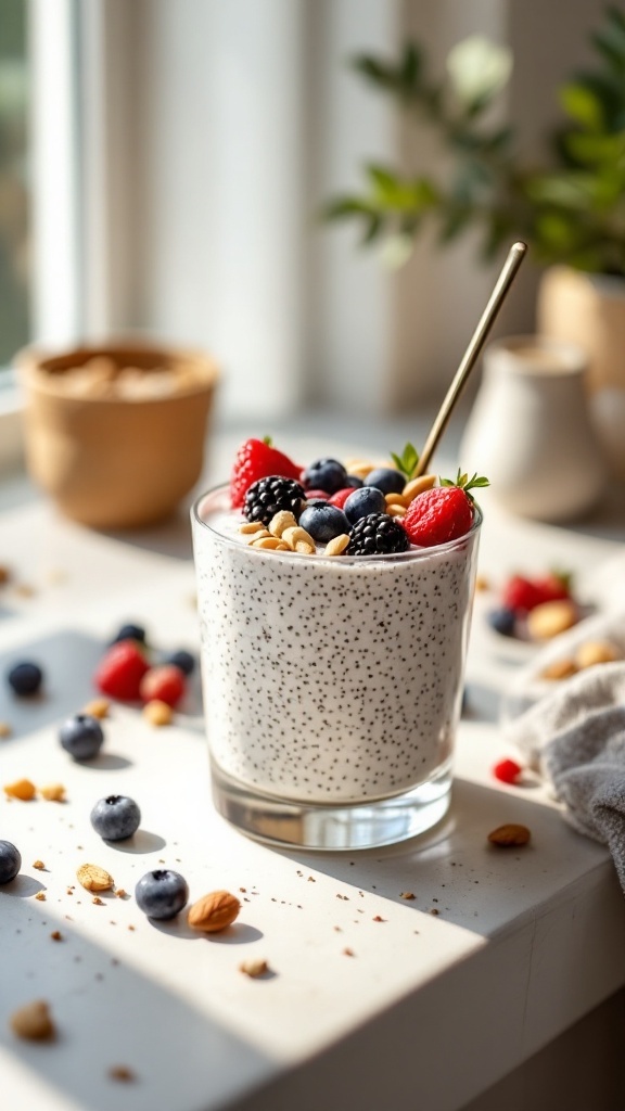 Chia seed pudding topped with fresh berries and nuts, served in a glass.
