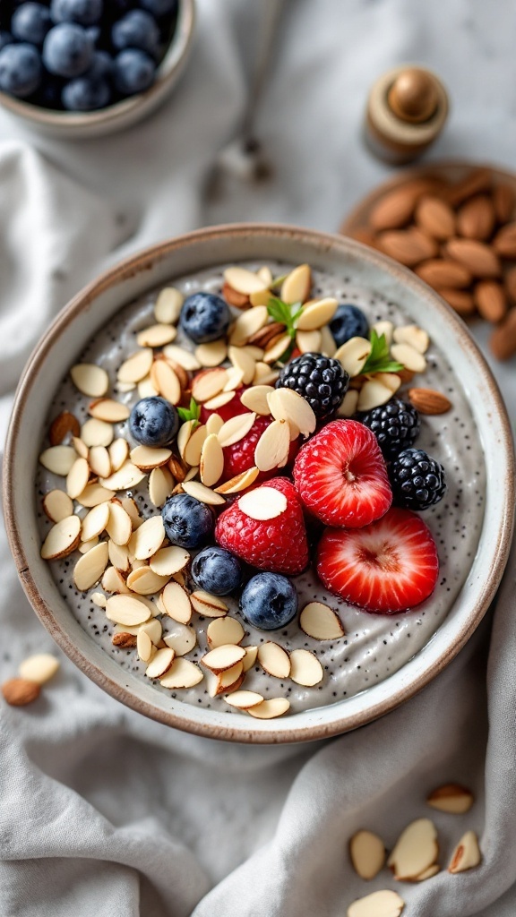 A bowl of chia seed pudding topped with fresh berries and sliced almonds.