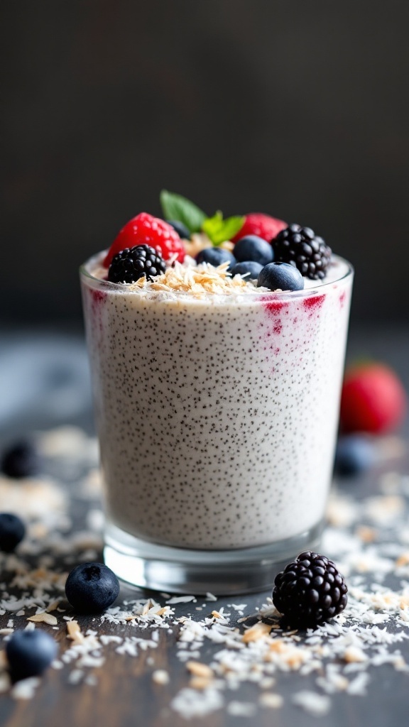 Chia seed pudding with almond milk topped with fresh berries and coconut.