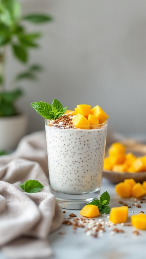 Chia seed pudding with coconut milk topped with fresh mango and mint leaves.