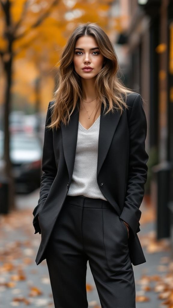 A model wearing a chic black blazer and casual trousers, standing in an autumn setting with yellow leaves.