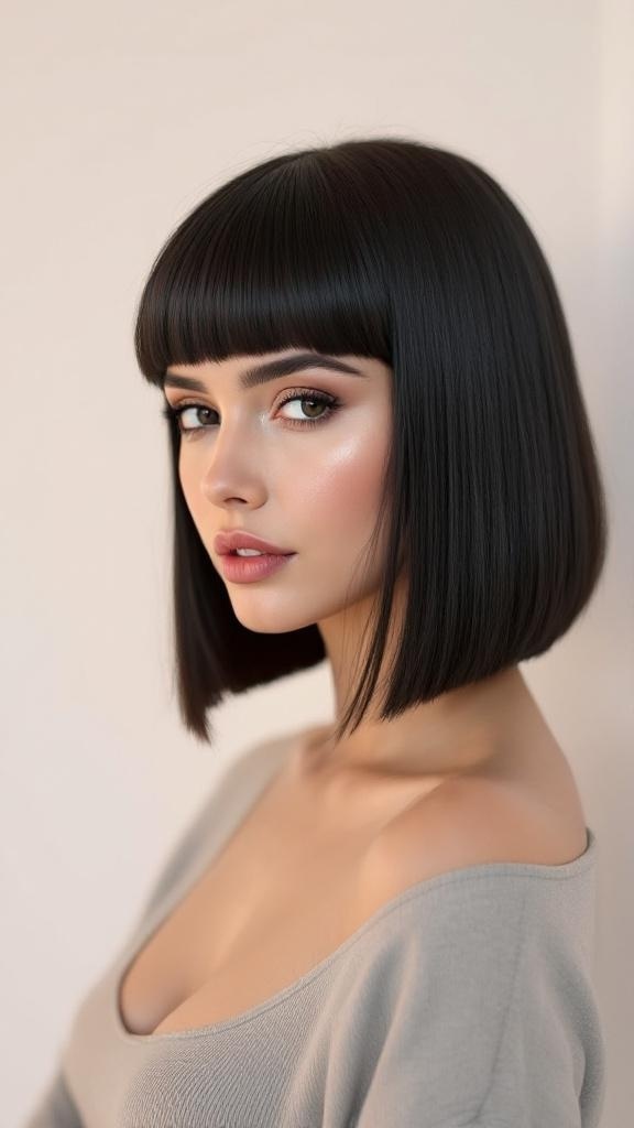 A woman with a chic blunt cut hairstyle, featuring straight hair and bangs.
