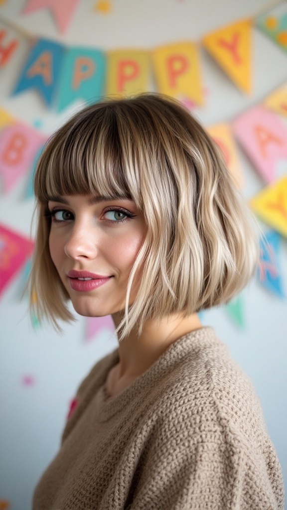 A young woman with a chic bob hairstyle featuring highlights, smiling with a birthday backdrop.