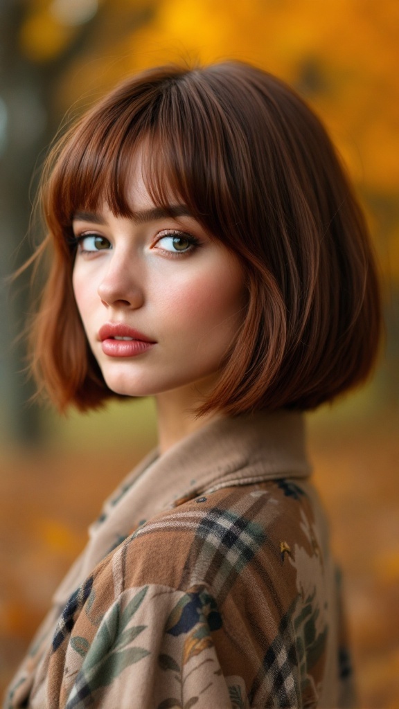 A woman with a chic bob hairstyle and side swept bangs, set against a backdrop of autumn leaves.