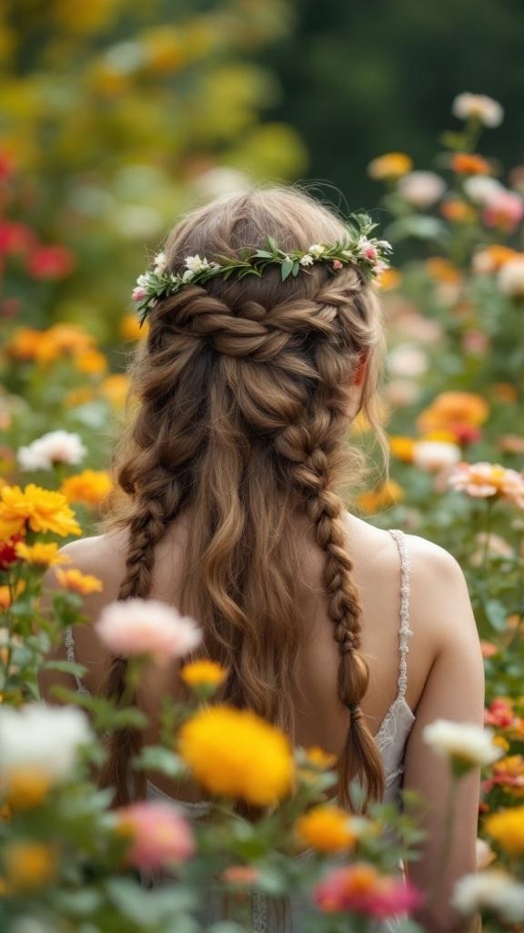 A woman with long hair styled in two braids, adorned with a floral crown, surrounded by colorful flowers.