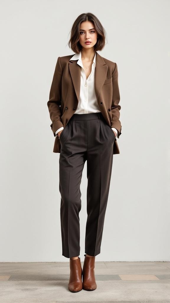 A model wearing a chic brown blazer with tailored trousers and brown ankle boots.
