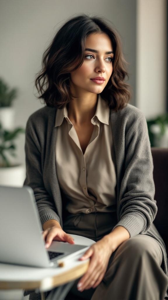 A woman wearing a chic cardigan over a blouse and slacks, sitting at a desk with a laptop.