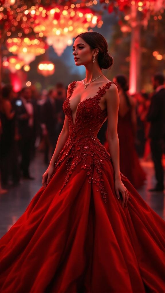 A woman in a stunning red dress at an evening gala, surrounded by a beautifully lit background.