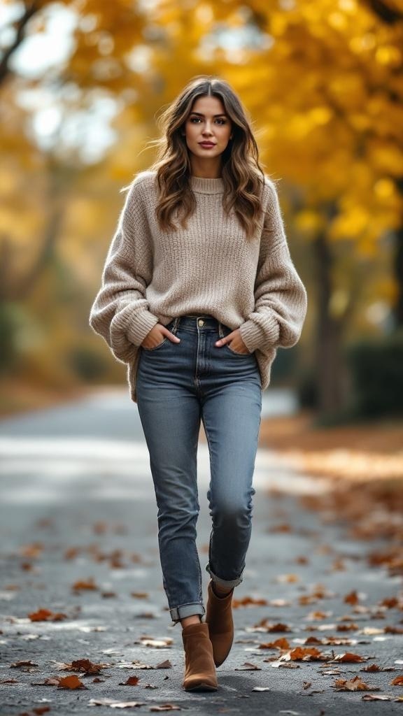 A woman wearing high-waisted mom jeans and a cozy sweater, walking on a leaf-covered path in autumn.