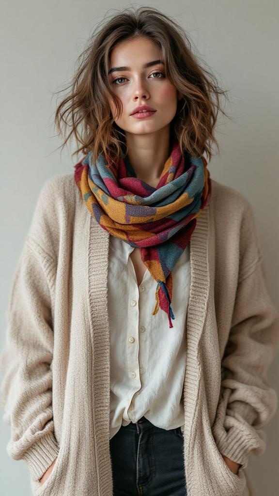 A young woman wearing a cozy oversized cardigan and a colorful scarf, showcasing a chic layered look.