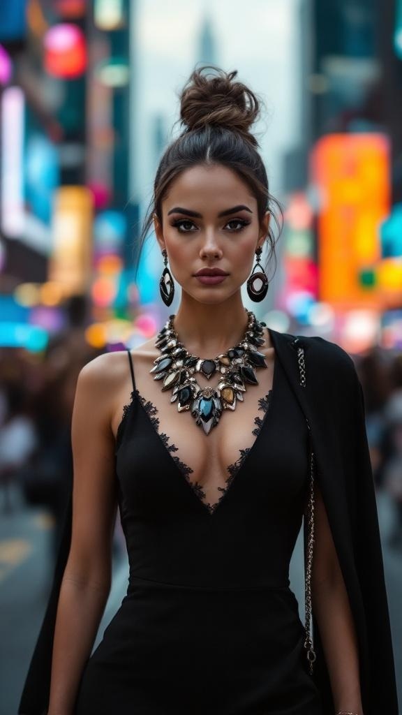A woman in a chic little black dress with statement accessories, standing in a vibrant city setting.