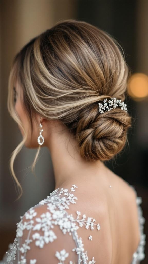 A woman with long hair styled in a chic low chignon, adorned with a delicate hair accessory.