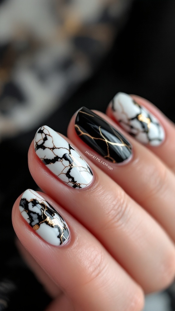 A close-up view of nails featuring a chic marble effect design with black, white, and gold accents.