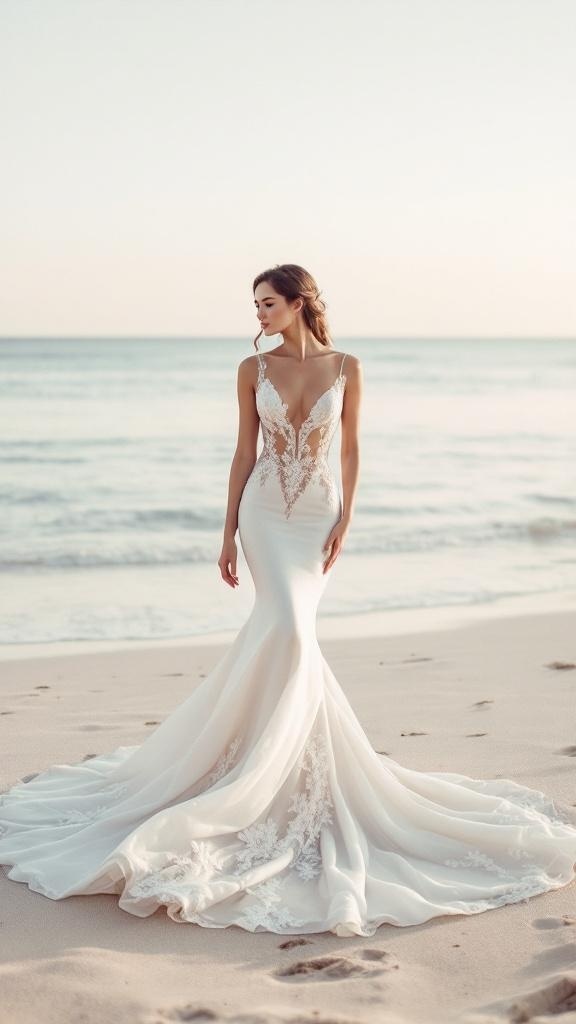 A bride wearing a chic mermaid wedding dress with a plunging neckline, standing on a beach.