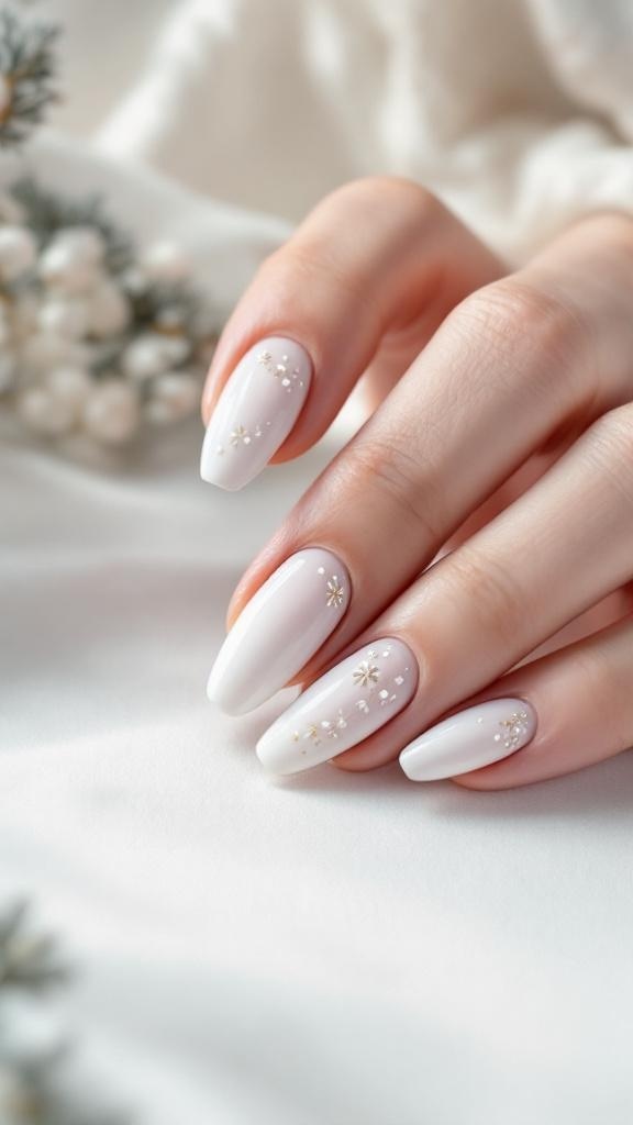 Chic minimalist winter nail design featuring white nails with gold accents.