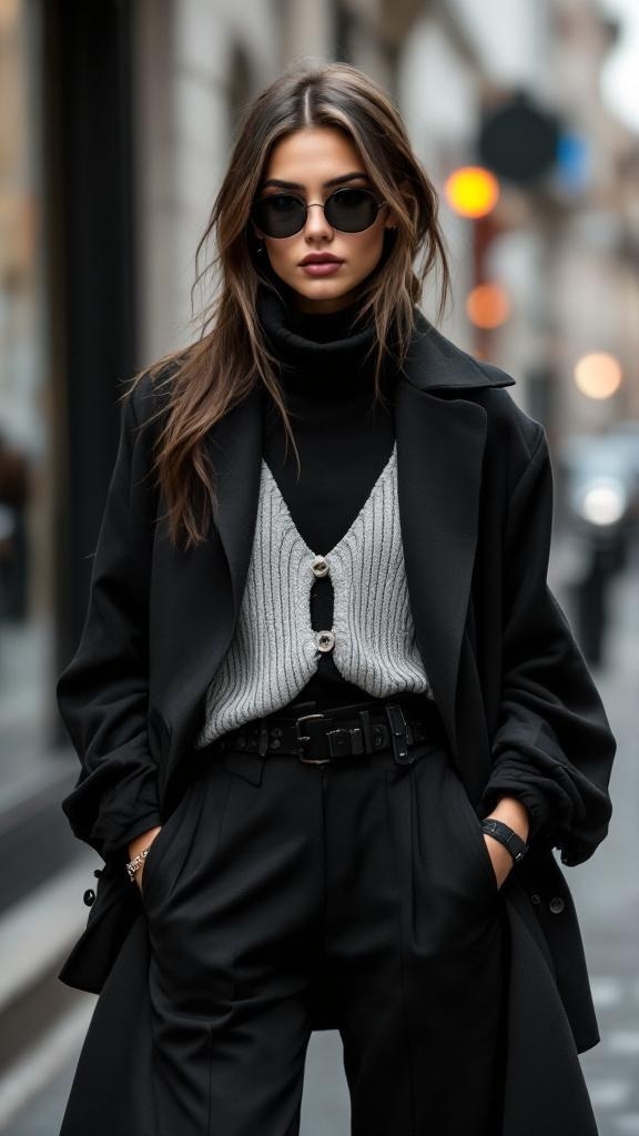 A stylish woman in a monochrome outfit featuring a black coat, gray knit vest, and tailored trousers, accessorized with sunglasses.