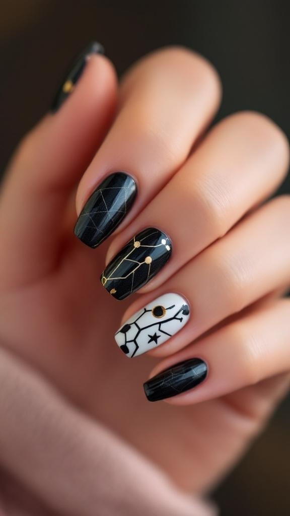 Chic negative space nail art with black and white designs featuring geometric patterns and gold accents.