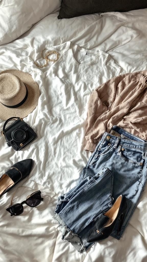A stylish outfit laid out on a bed, including a white t-shirt, light pink jacket, jeans, sunglasses, a straw hat, and a handbag.