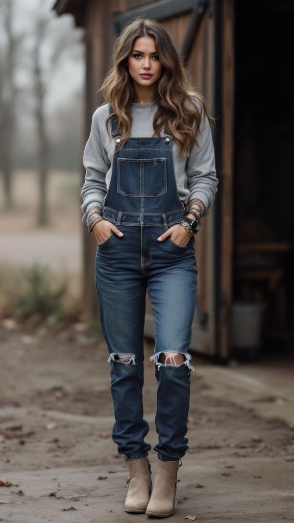 A woman wearing denim overalls with a gray sweatshirt and ankle boots, standing outdoors.