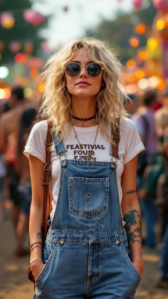 A person wearing denim overalls with a graphic tee and round sunglasses at a concert.