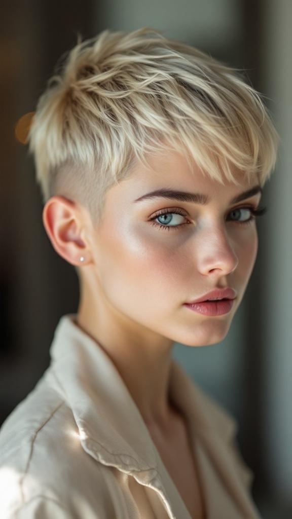 A woman with a chic pixie cut, featuring short textured layers and side-swept bangs.