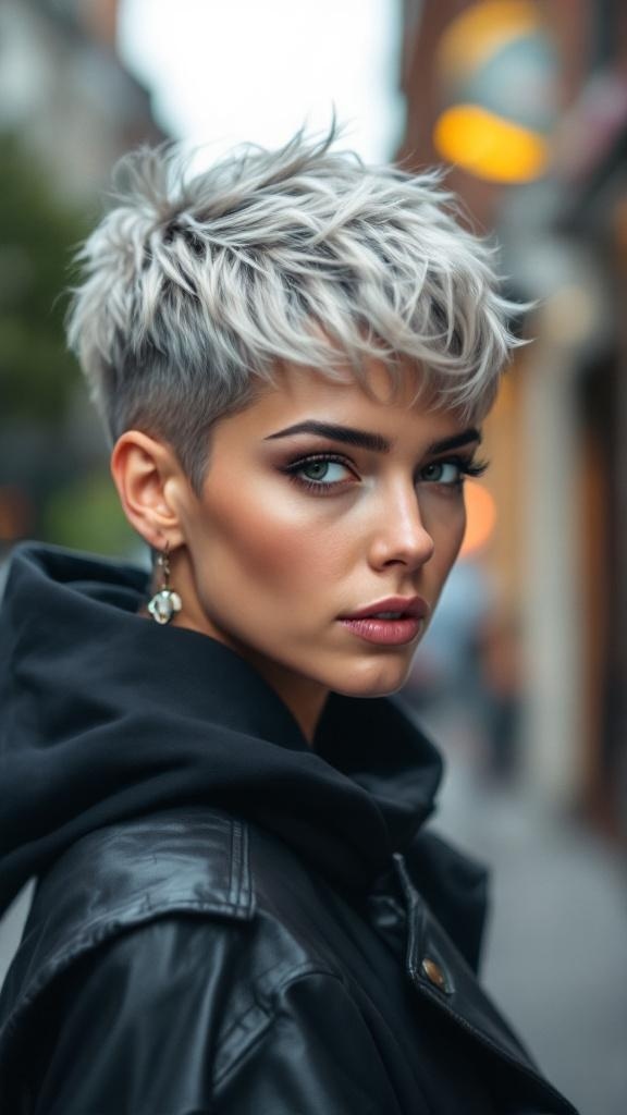 A model with a chic pixie cut featuring textured layers, wearing a leather jacket and hoodie.
