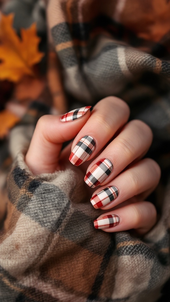 Chic plaid patterned nails in red, white, and black, resting on a plaid fabric background.