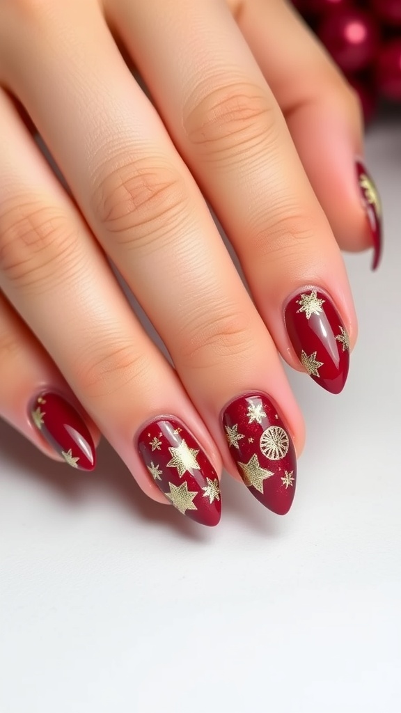 Chic red and gold festive nail design with stars and patterns