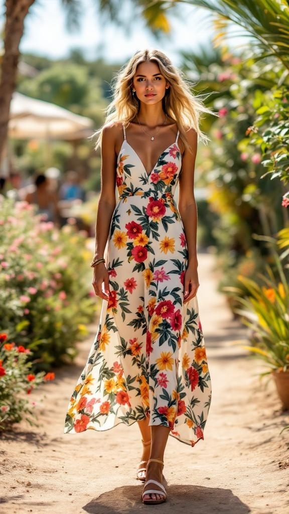 A model wearing a floral summer dress and sandals, walking in a garden setting.