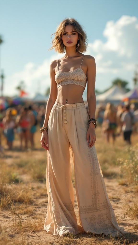 A model wearing a chic two-piece set with flowy pants at a concert