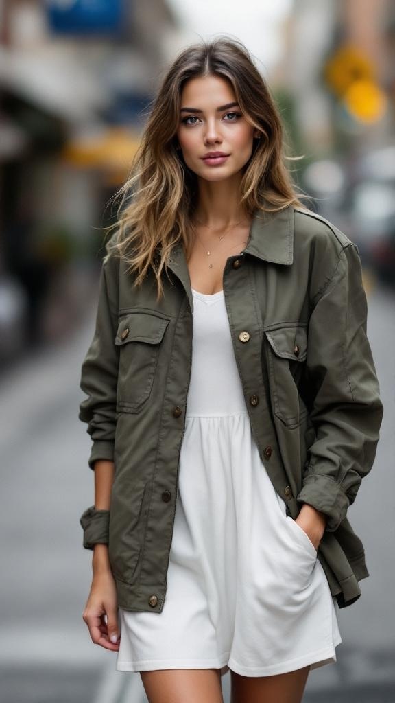 Model wearing a chic olive green utility jacket over a white dress, standing on a city street.