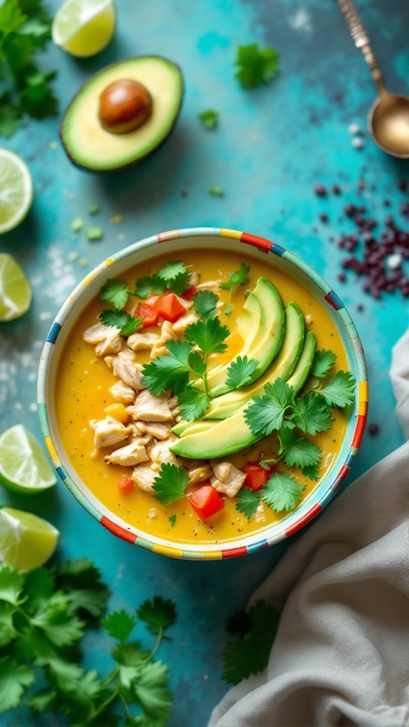 A bowl of Chicken and Avocado Lime Soup topped with fresh cilantro and avocado slices.