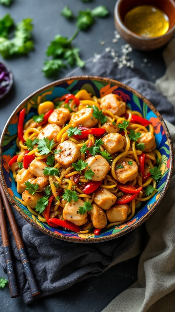 Chicken and vegetable stir-fry served in a colorful bowl