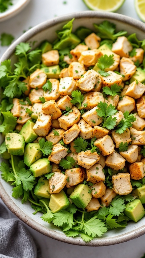 A bowl of chicken avocado salad with cilantro and lime dressing