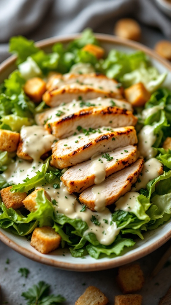 A delicious Chicken Caesar Salad topped with grilled chicken, croutons, and creamy dressing.
