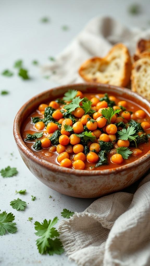 A bowl of chickpea and spinach stew garnished with fresh cilantro.
