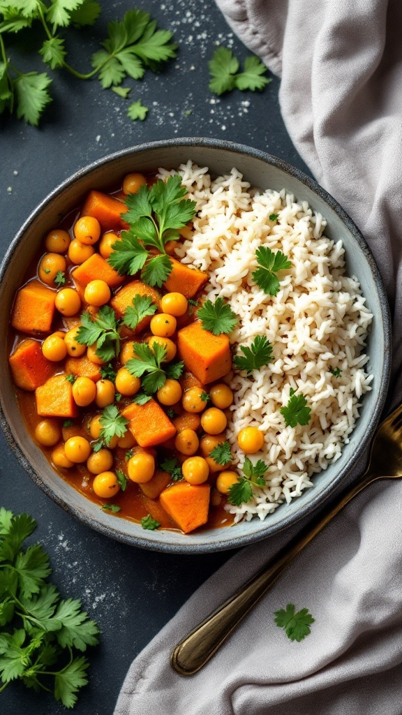 Bowl of chickpea and sweet potato curry with rice and garnished with cilantro.