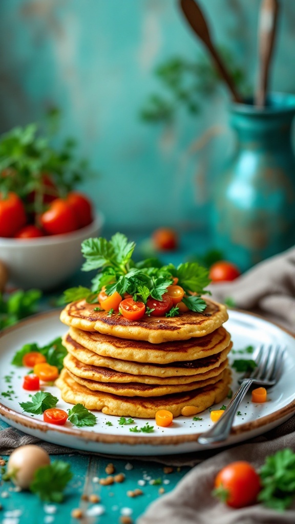 Chickpea flour pancakes topped with tomatoes and cilantro on a plate.