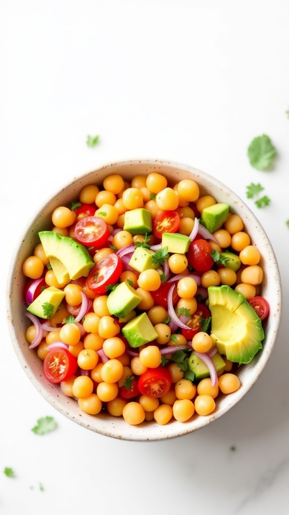 A vibrant bowl of chickpea salad with avocado, tomatoes, and cilantro.