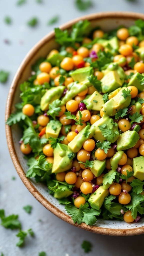 A colorful chickpea salad with avocado dressing, featuring diced avocado, cherry tomatoes, red onion, and parsley.
