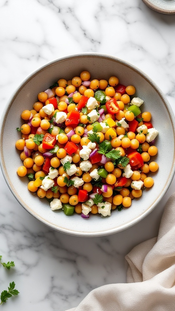 A bowl of colorful chickpea salad with feta cheese, mixed with fresh vegetables.