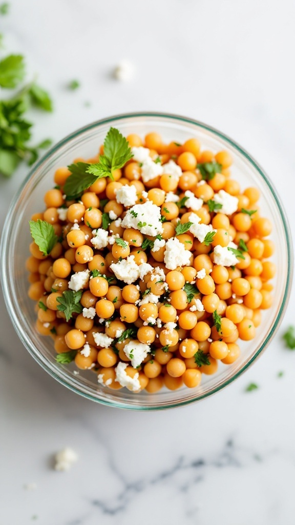 A fresh chickpea salad with feta cheese and vibrant vegetables.