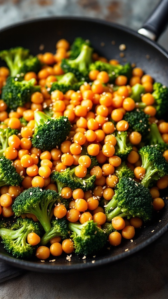 Chickpea stir-fry with broccoli and sesame seeds