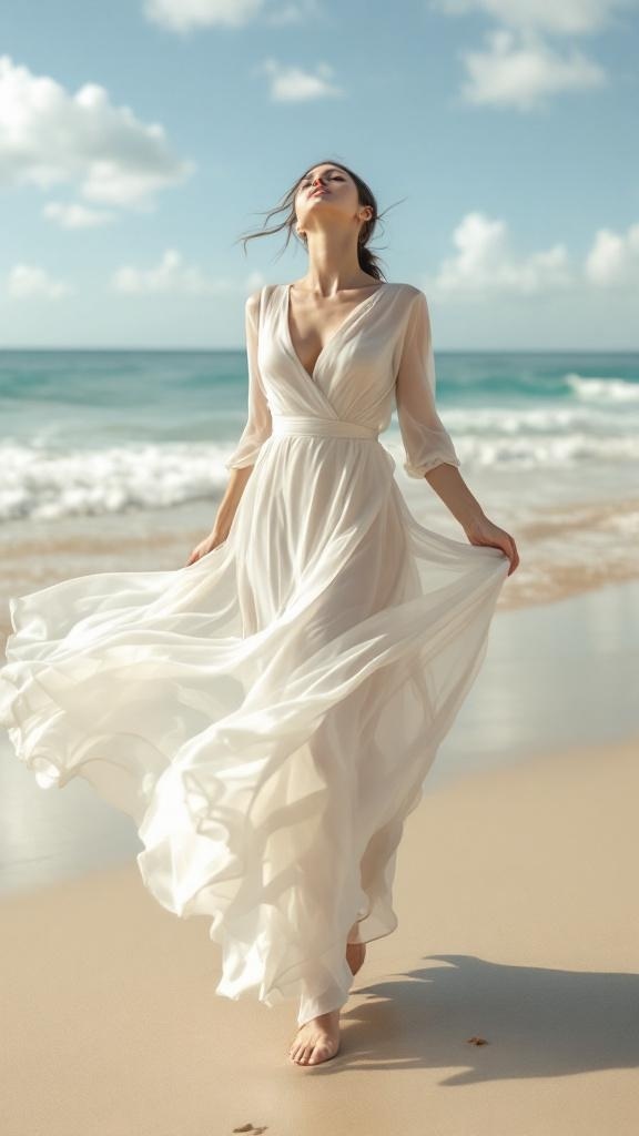 A model wearing a flowing white chiffon wrap dress on the beach with the ocean in the background.