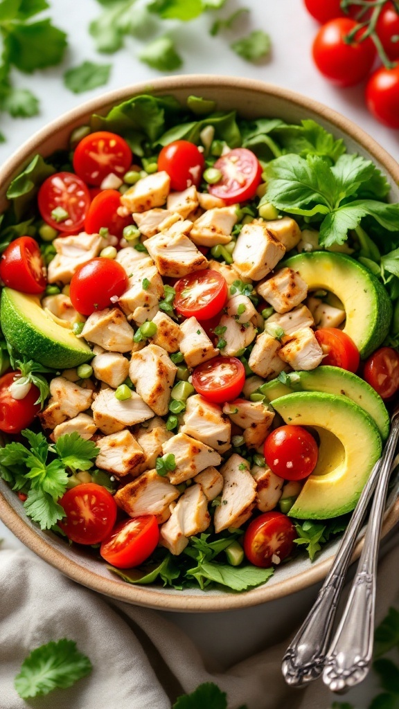A colorful bowl of Chili Lime Chicken Salad with diced chicken, cherry tomatoes, avocado slices, and fresh greens.